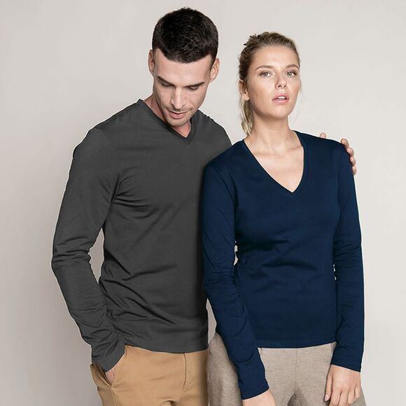 Kariban Mens Slim Fit Long Sleeve V Neck / Grey - Picture 2 of 2